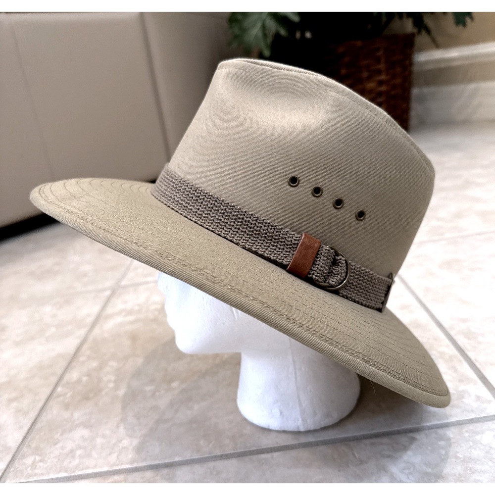 Dorfman Pacific Mens Khaki Safari Fedora Hat Wide Brim Made in USA Small